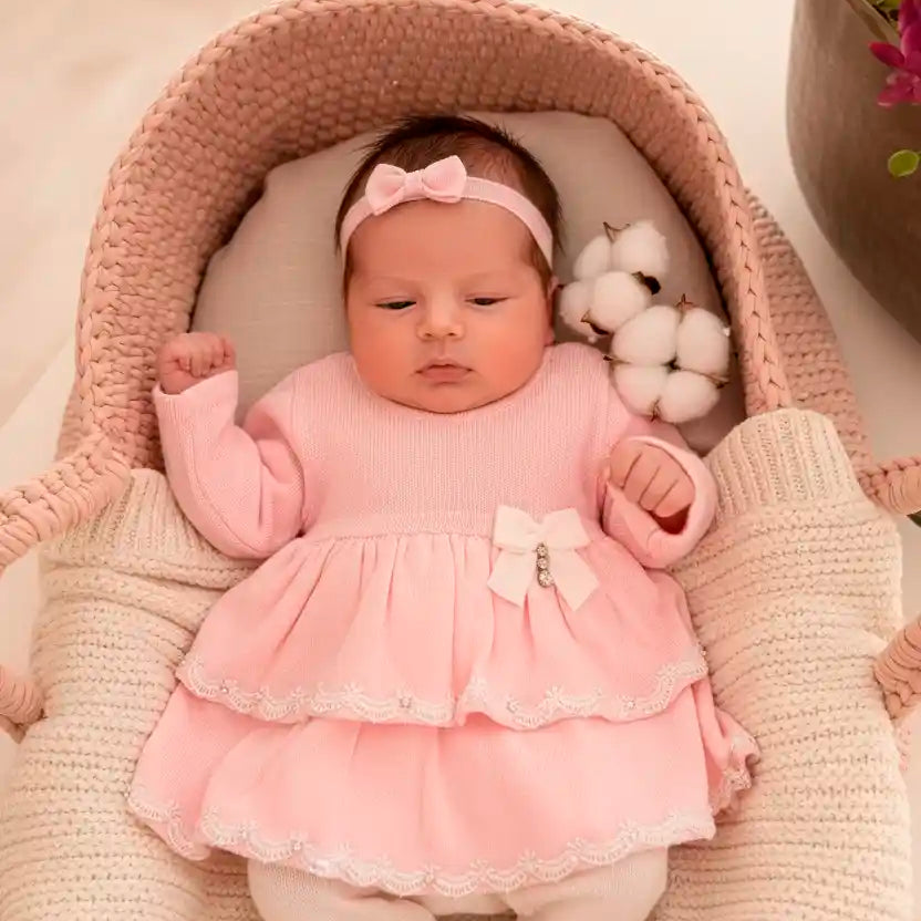 Conjunto de Maternidade Vestido Rosa Babados em Tricot — foto 1