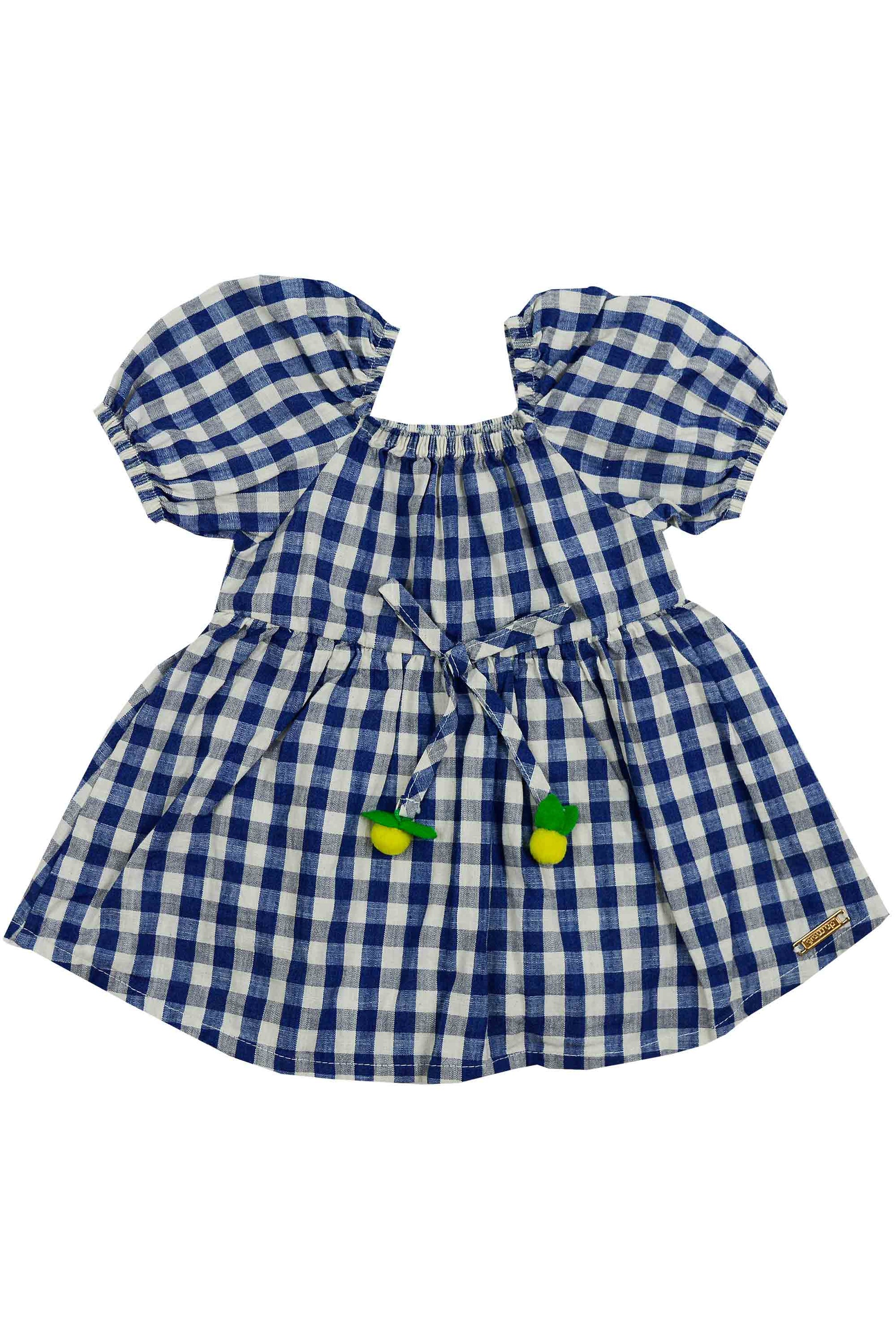 Vestido Bebê Estampa Xadrez Azul Detalhe Limão Citrus — foto 3