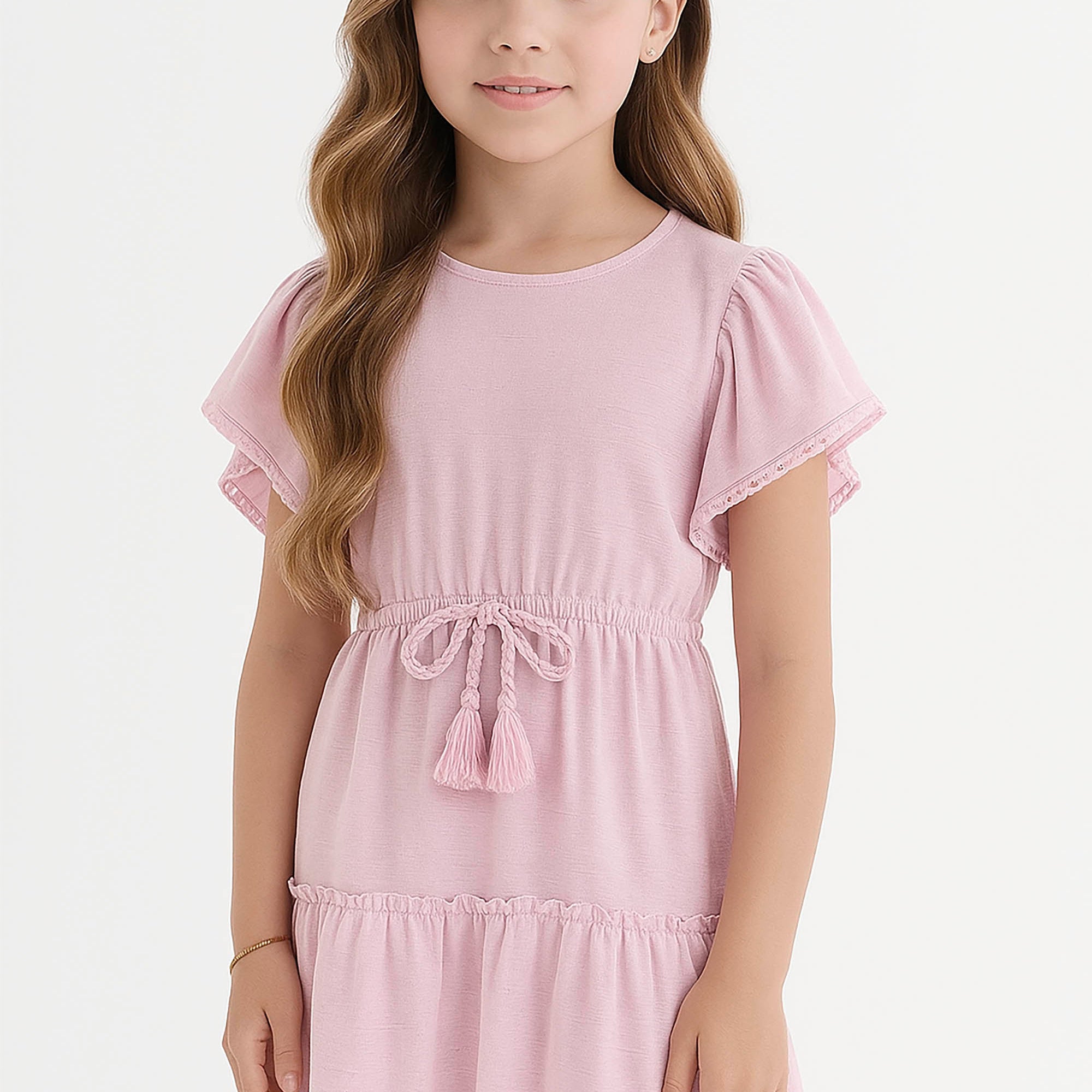 Vestido Infantil em Malha Flamê com Linho Rosa — foto 1