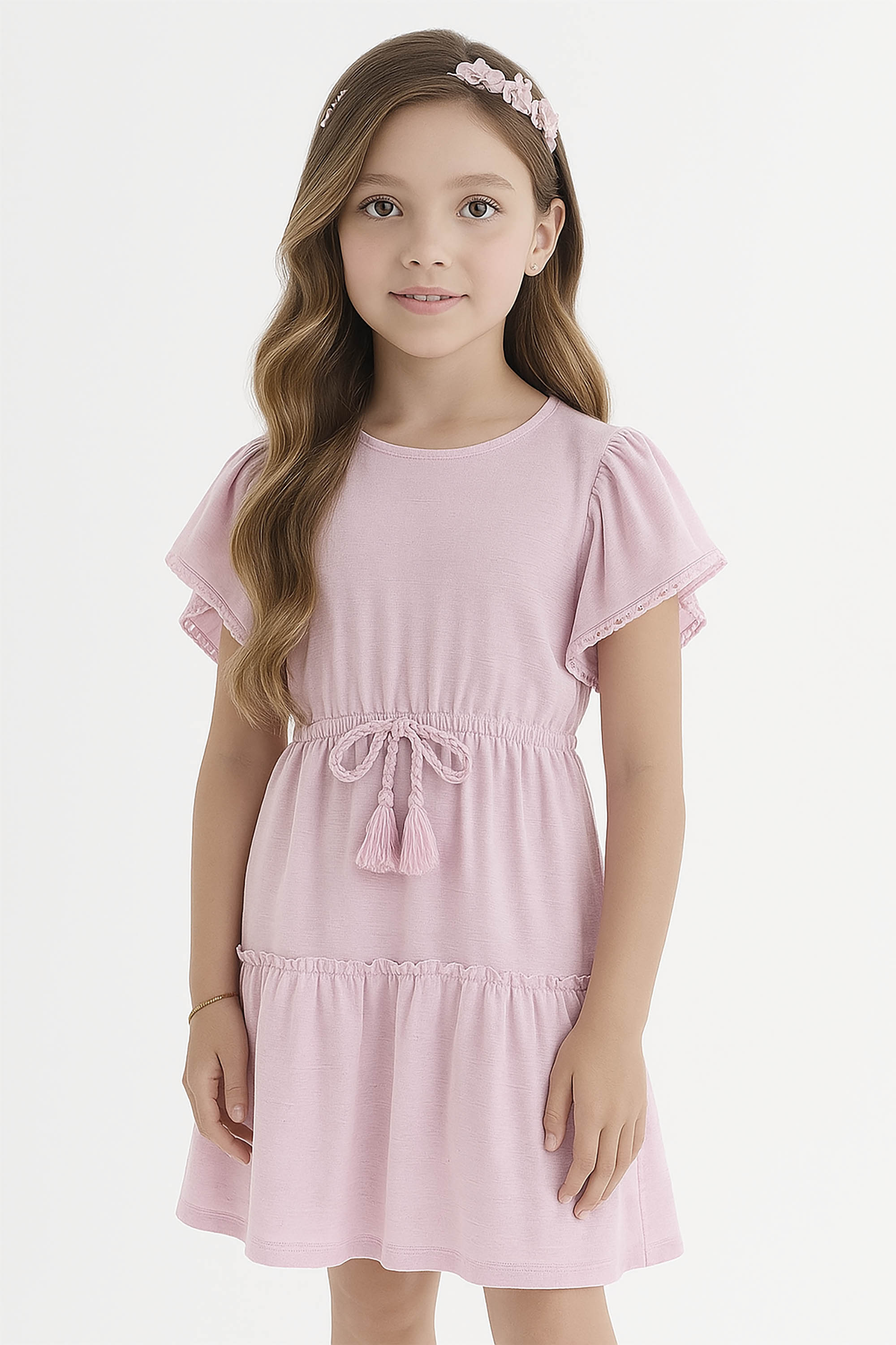 Vestido Infantil em Malha Flamê com Linho Rosa — foto 1