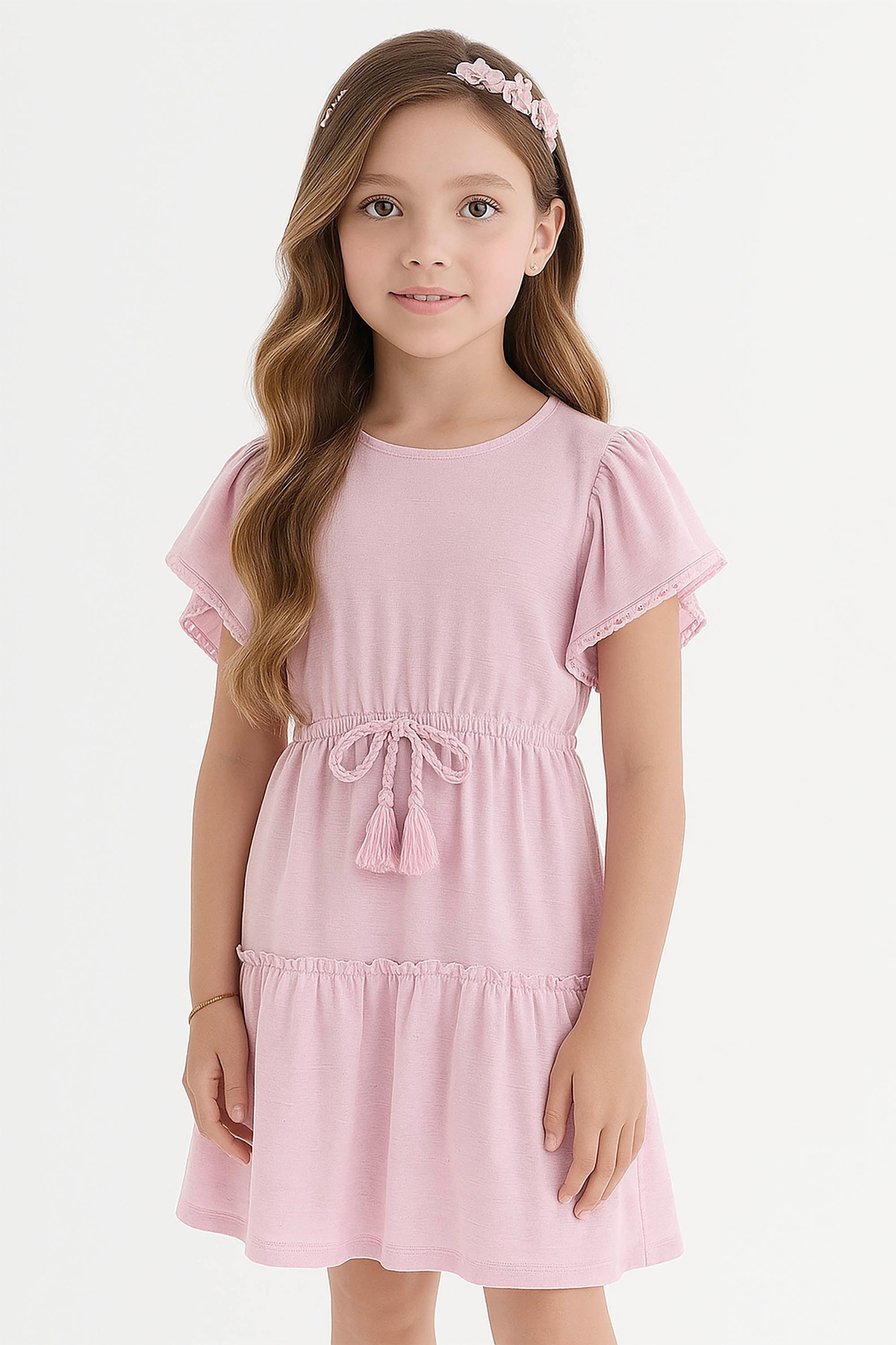 Vestido Infantil em Malha Flamê com Linho Rosa — foto 1