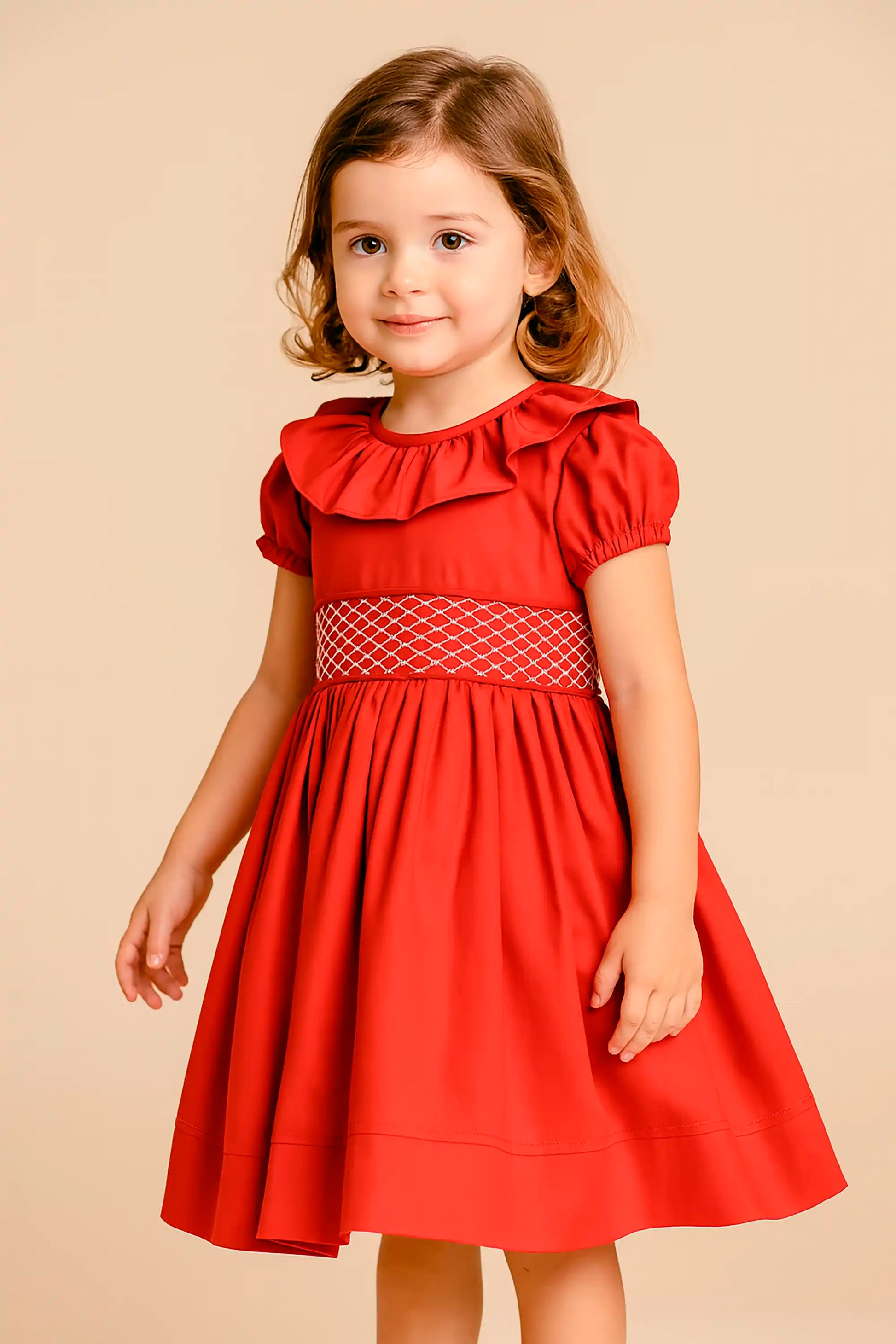 Vestido Infantil Vermelho com Bordado Smock — foto 1