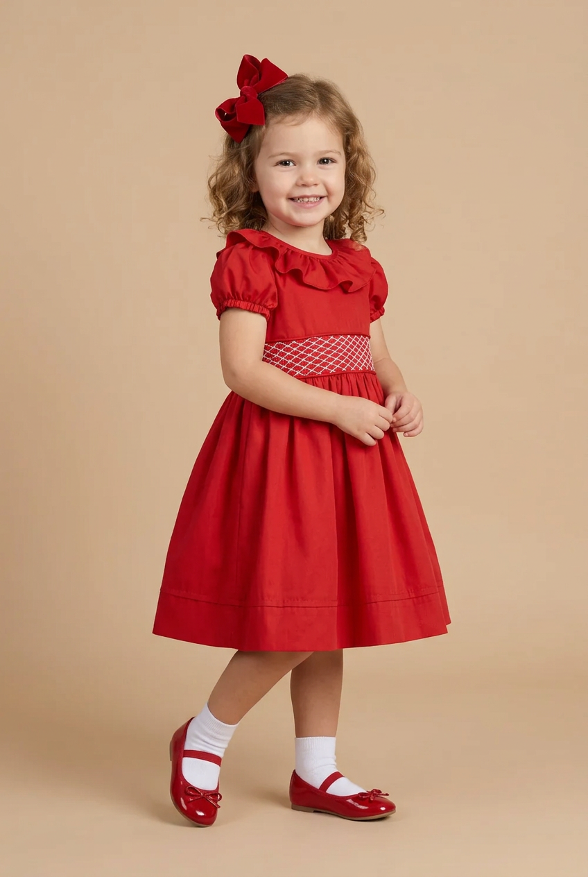 Vestido Infantil Vermelho com Bordado Smock