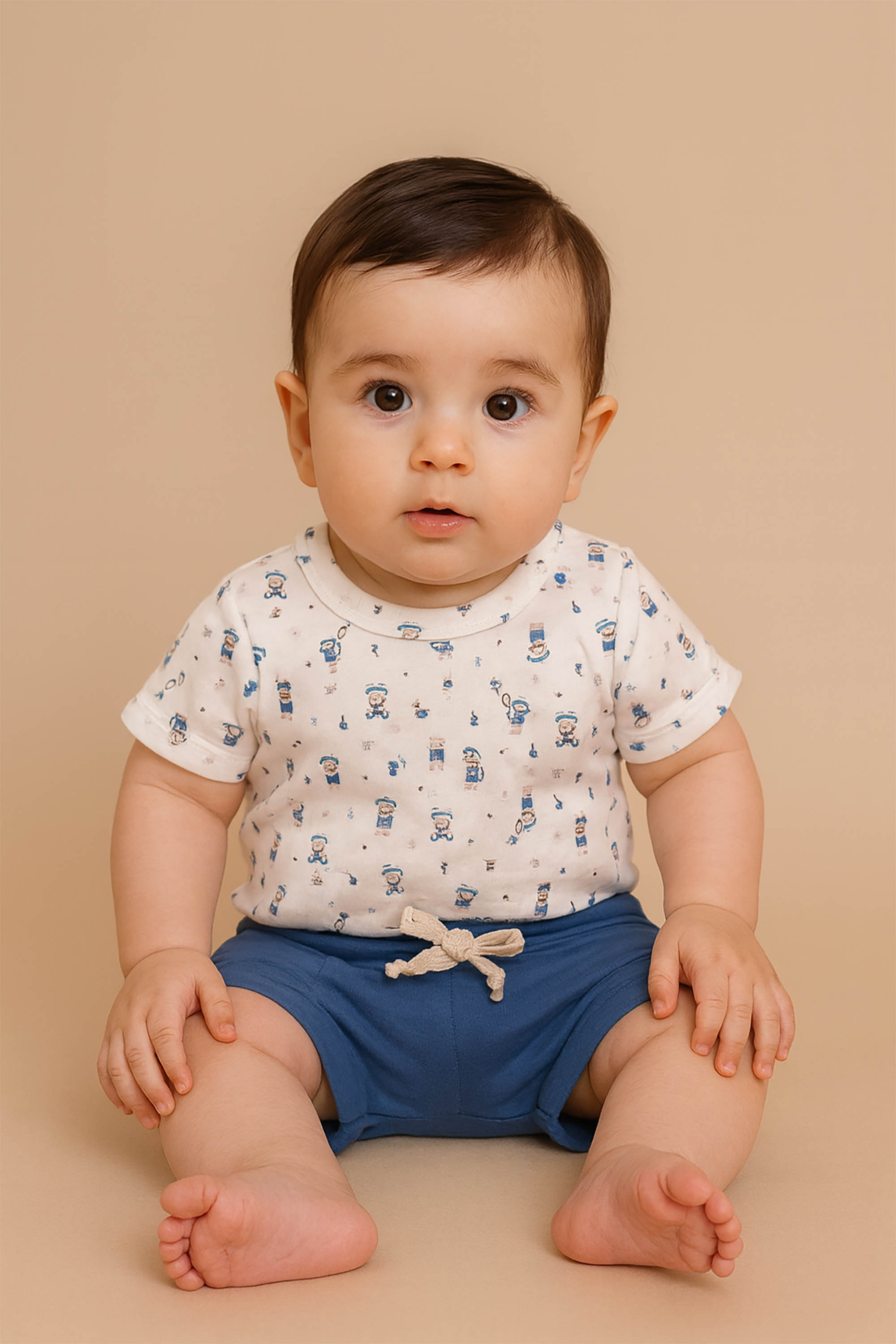Conjunto Bebê Body Estampa Ursinho na Praia e Shorts Azul Algodão Egípcio — foto 1