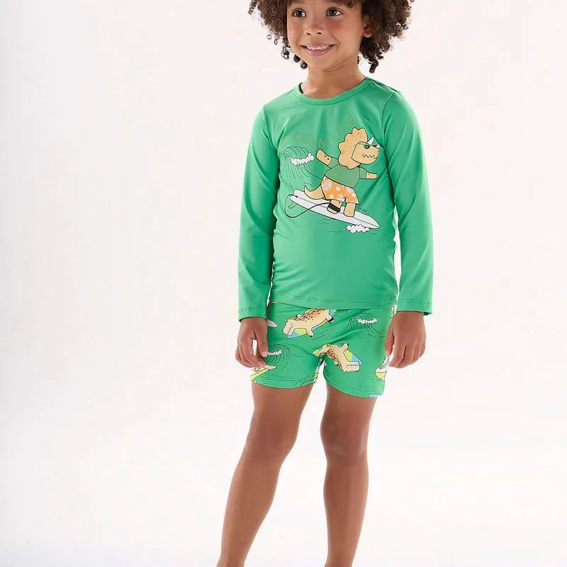 Conjunto Infantil em Malha UV Camiseta e Sunga Boxer Estampa Dino — foto 1