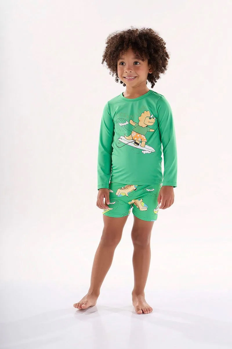 Conjunto Infantil em Malha UV Camiseta e Sunga Boxer Estampa Dino — foto 1