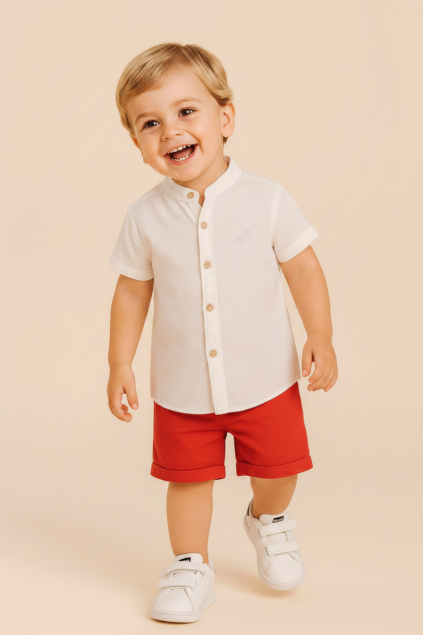 Bata Infantil em Linho Vietnã Manga Curta Off White — foto 1