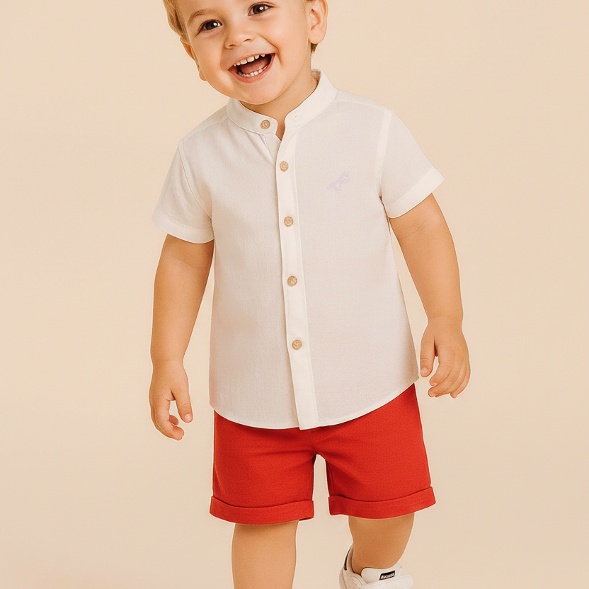 Bata Infantil em Linho Vietnã Manga Curta Off White — foto 1