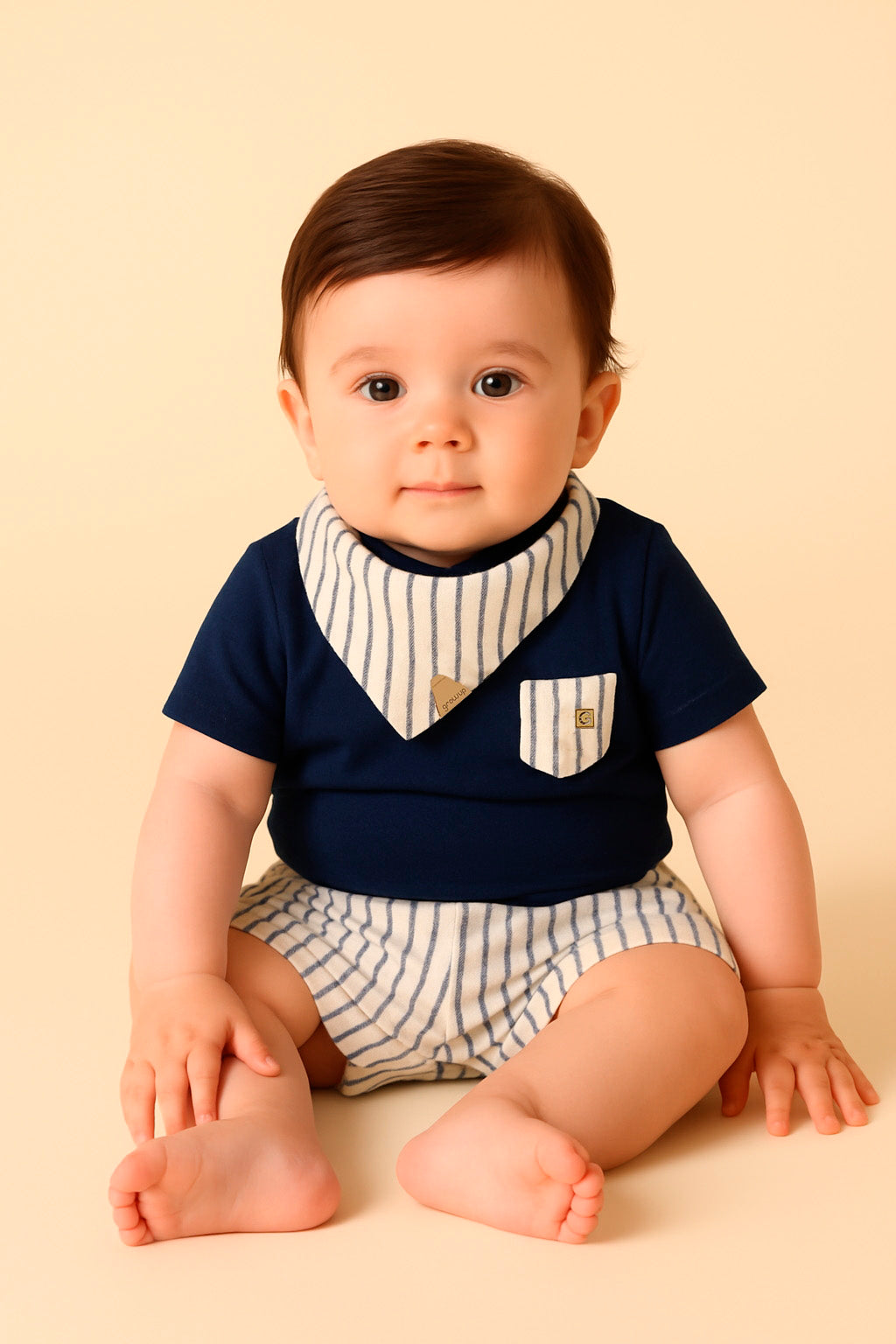 Conjunto Bebê Menino Body Navy com Short Listrado e Babador Marinheiro — foto 1
