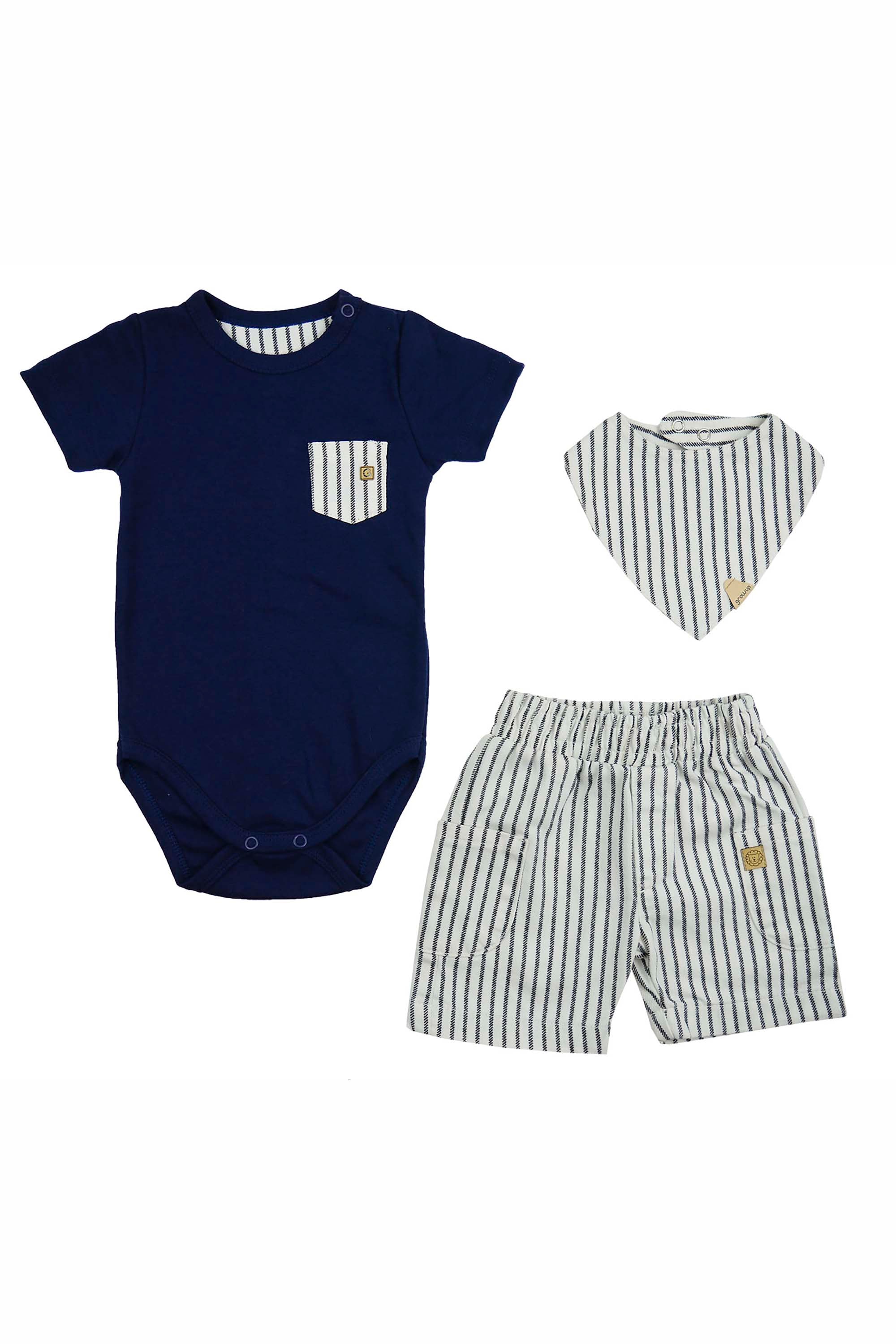 Conjunto Bebê Menino Body Navy com Short Listrado e Babador Marinheiro — foto 2