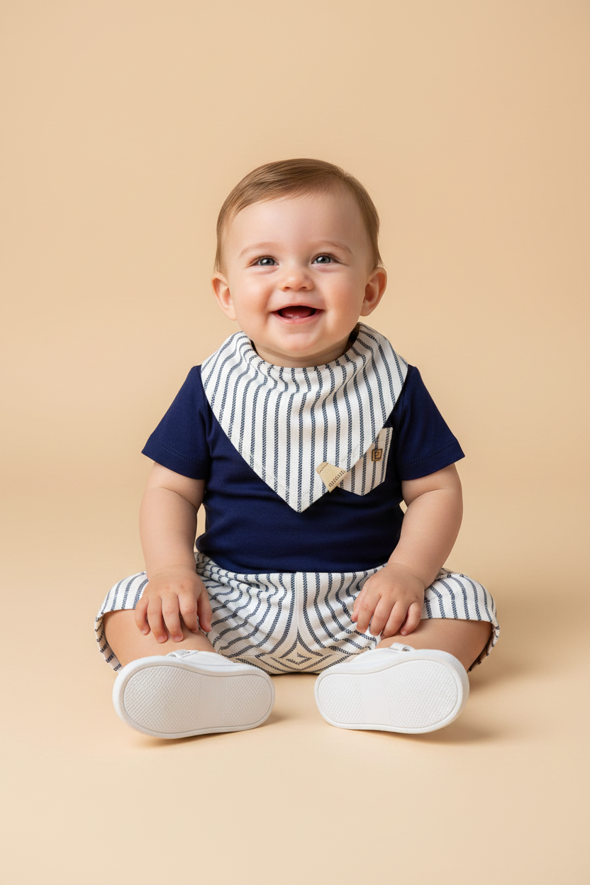 Conjunto Bebê Menino Body Navy com Short Listrado e Babador Marinheiro