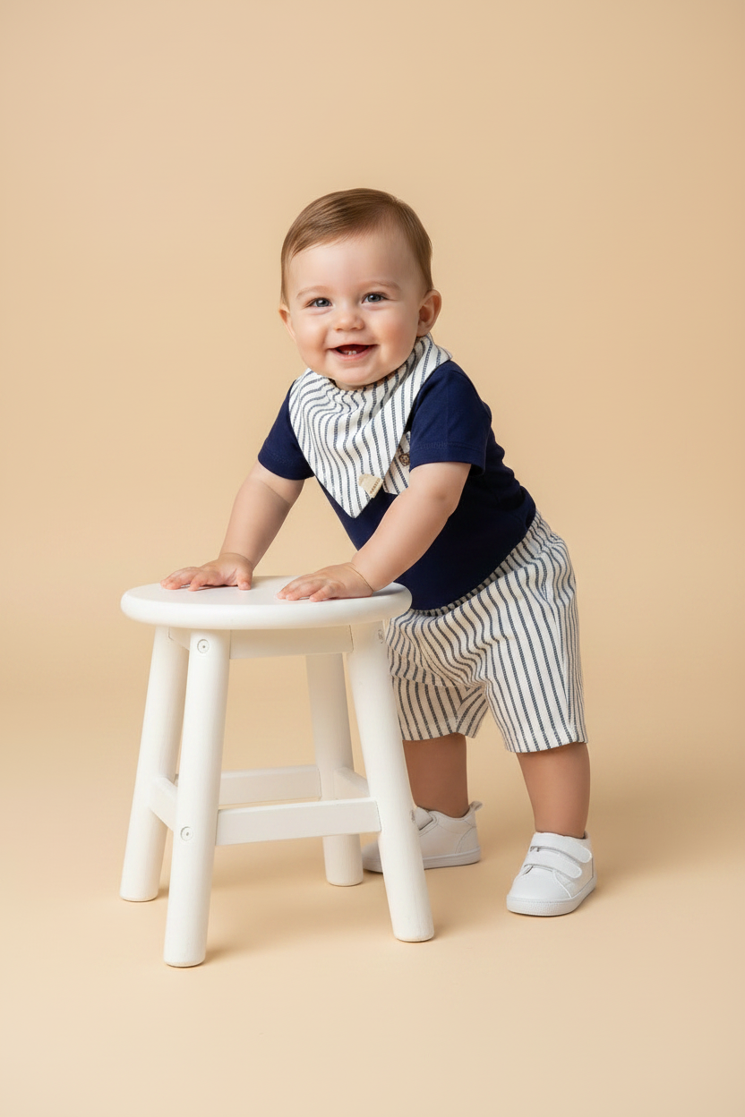 Conjunto Bebê Menino Body Navy com Short Listrado e Babador Marinheiro