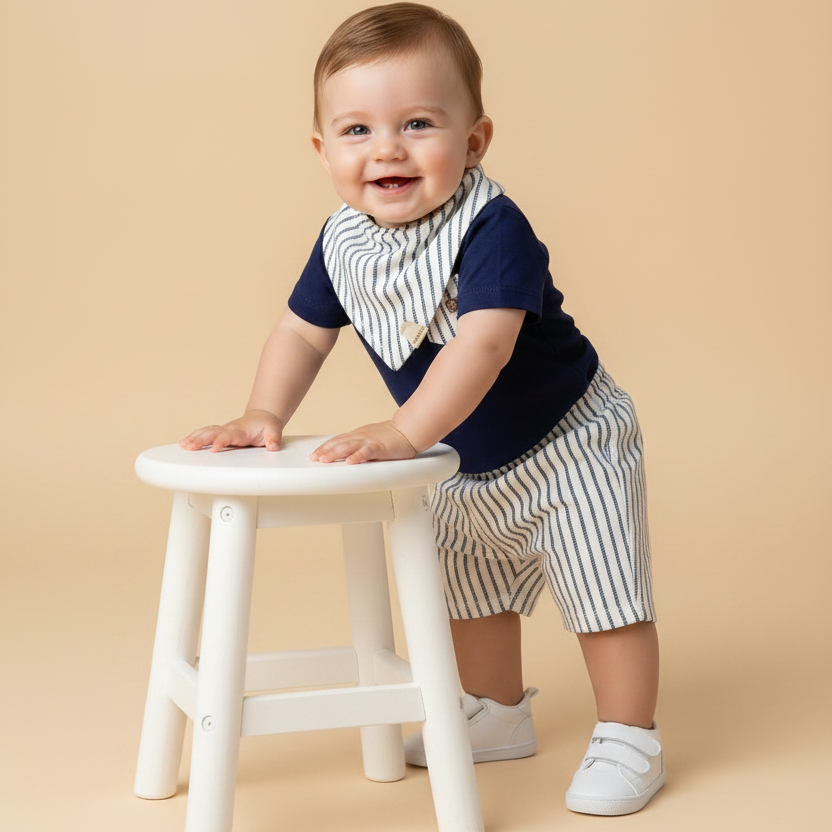 Conjunto Bebê Menino Body Navy com Short Listrado e Babador Marinheiro