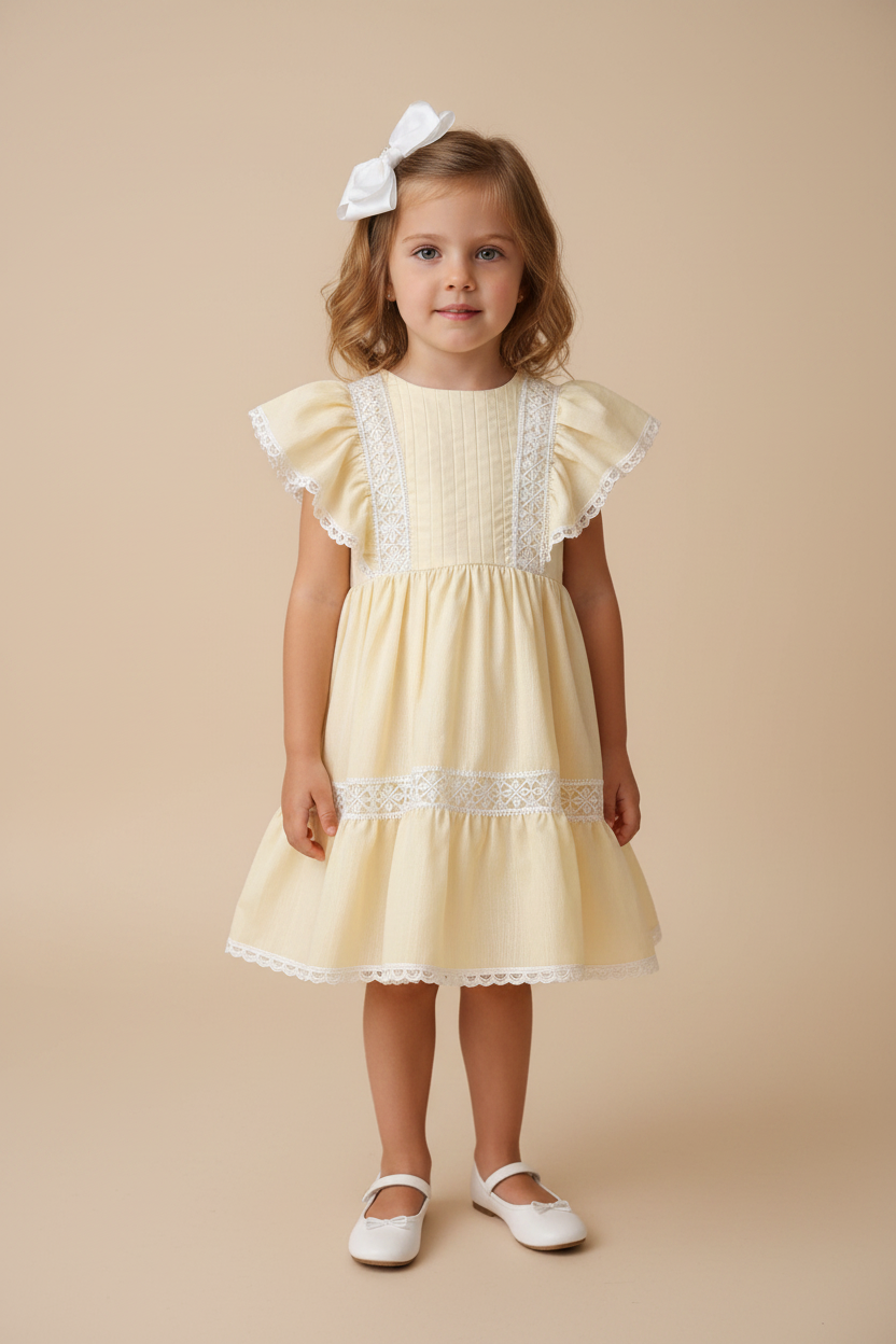 Vestido Infantil Amanda Amarelo com Babados e Renda Guipir — foto 1
