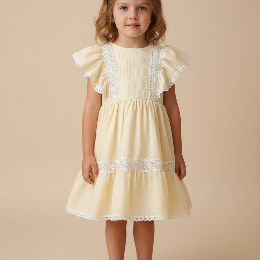 Vestido Infantil Amanda Amarelo com Babados e Renda Guipir — foto 1