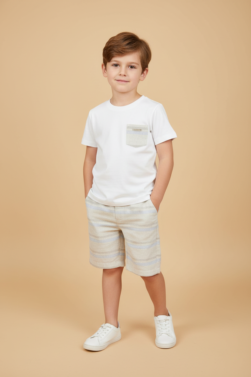 Conjunto Infantil Menino – Camiseta e Bermuda com Listras Tons Neutros
