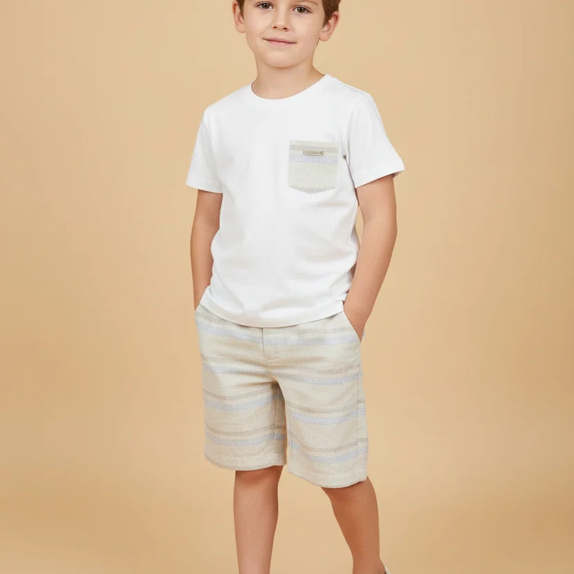 Conjunto Infantil Menino – Camiseta e Bermuda com Listras Tons Neutros