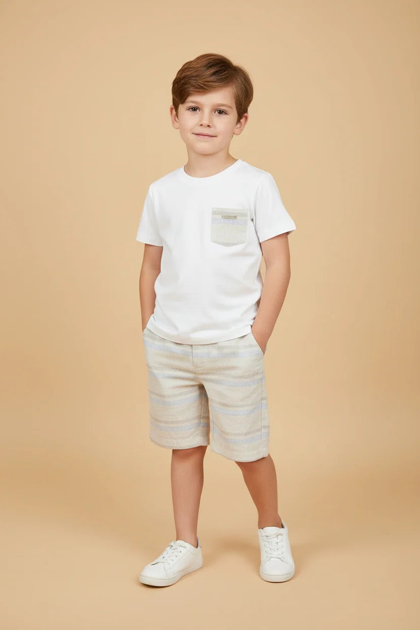 Conjunto Infantil Menino – Camiseta e Bermuda com Listras Tons Neutros