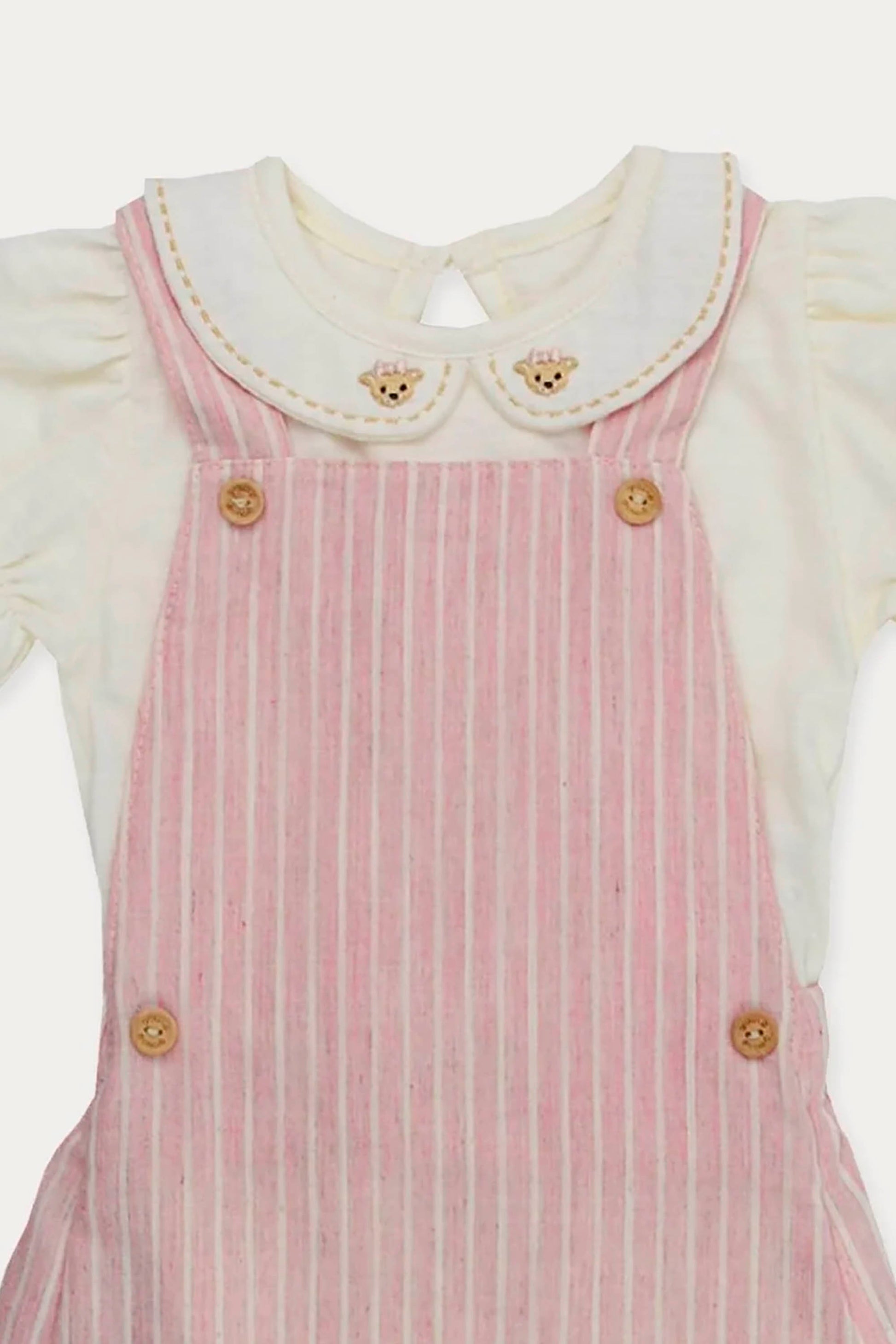 Conjunto Jardineira Listras Rosa e Body Bordado Ursinha para Bebê Menina — foto 4