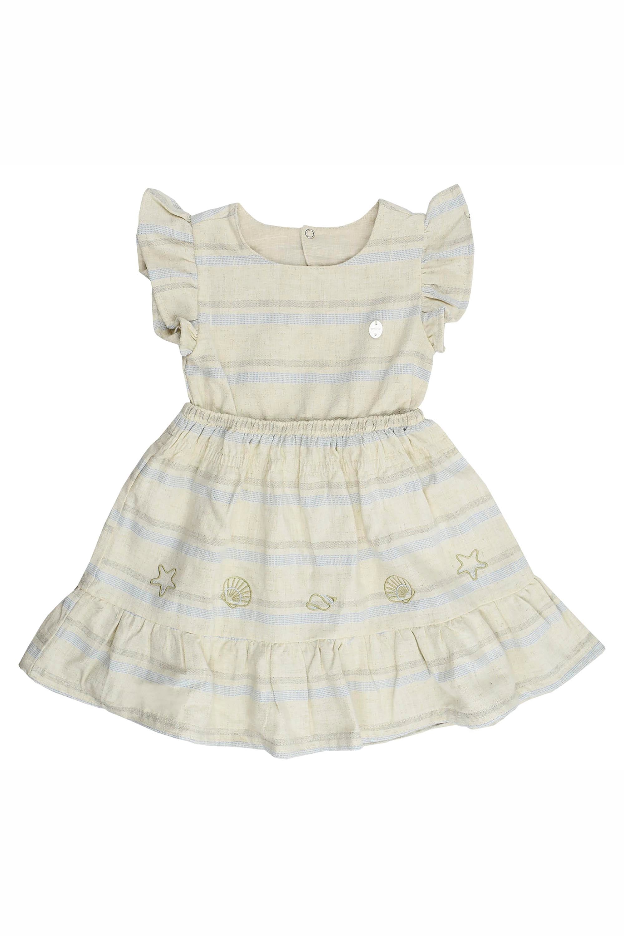Vestido Infantil Linho Bege Bordado Conchas Sea Wave — foto 2