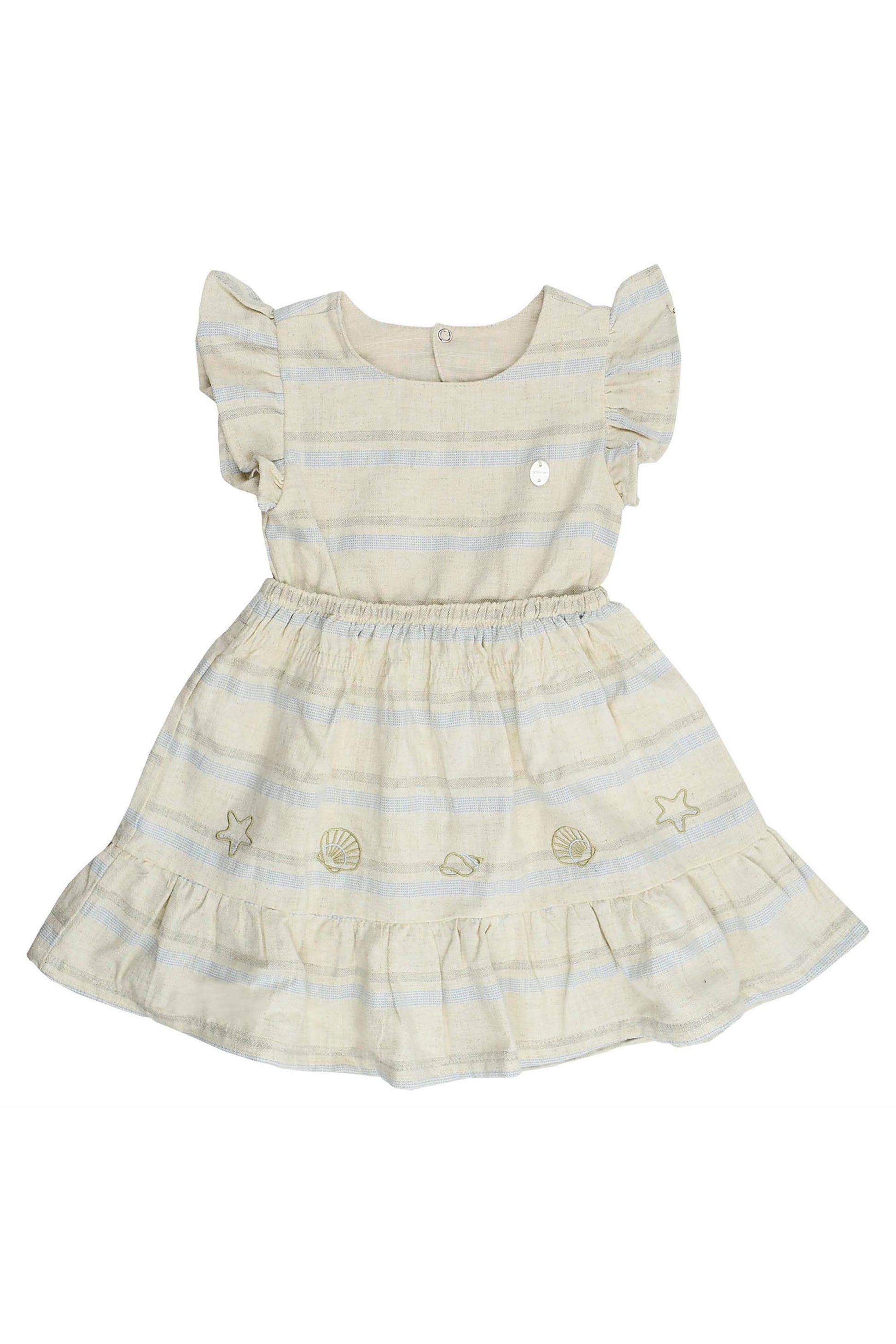 Vestido Infantil Linho Bege Bordado Conchas Sea Wave — foto 2