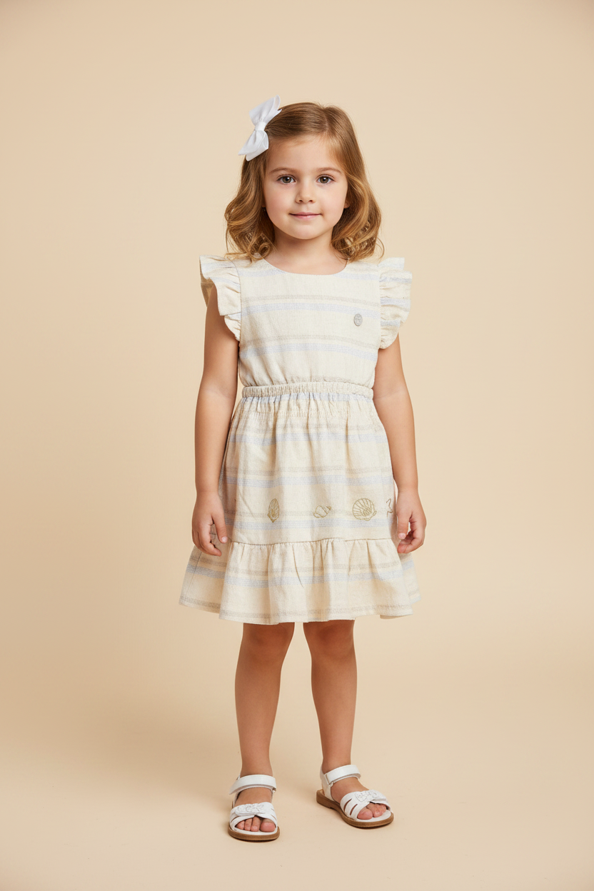 Vestido Infantil Linho Bege Bordado Conchas Sea Wave