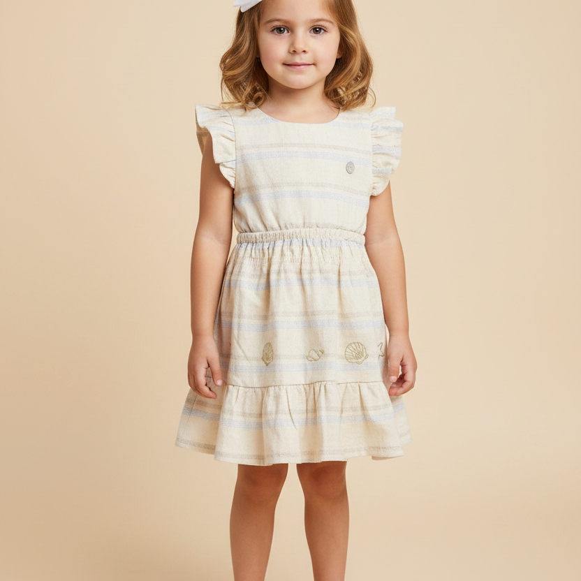 Vestido Infantil Linho Bege Bordado Conchas Sea Wave