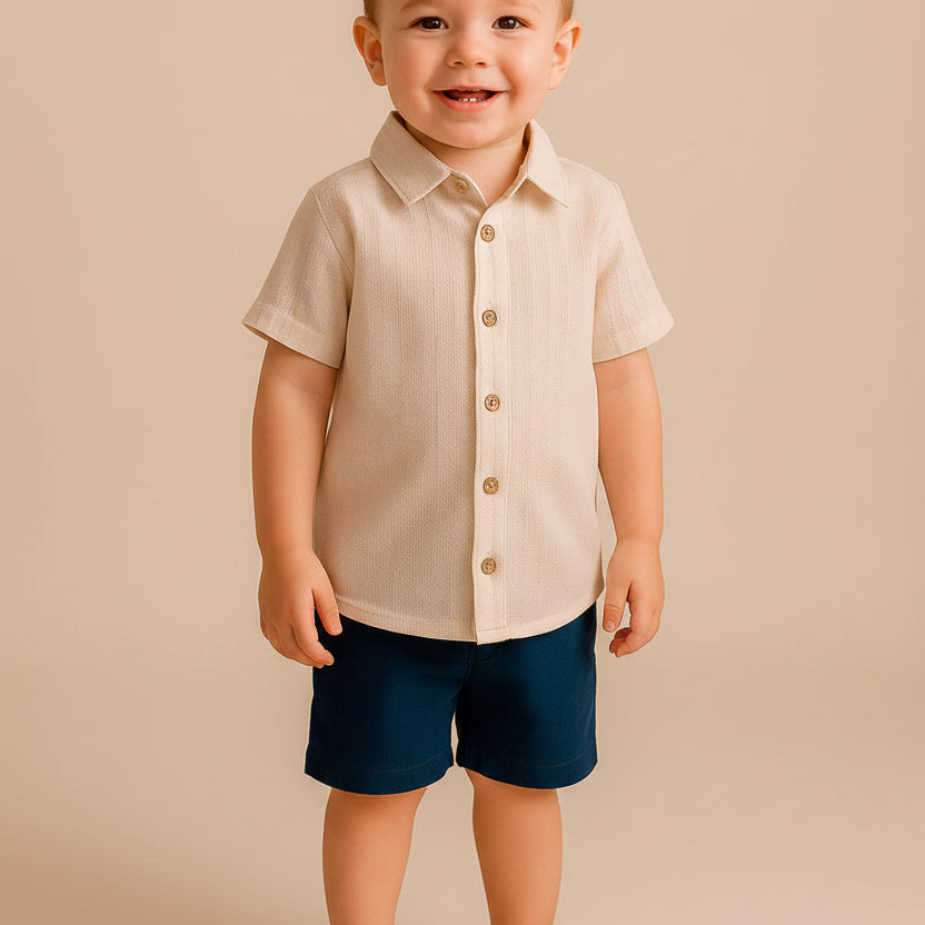 Camisa Infantil Menino Manga Curta Malha Tricô Bege — foto 1