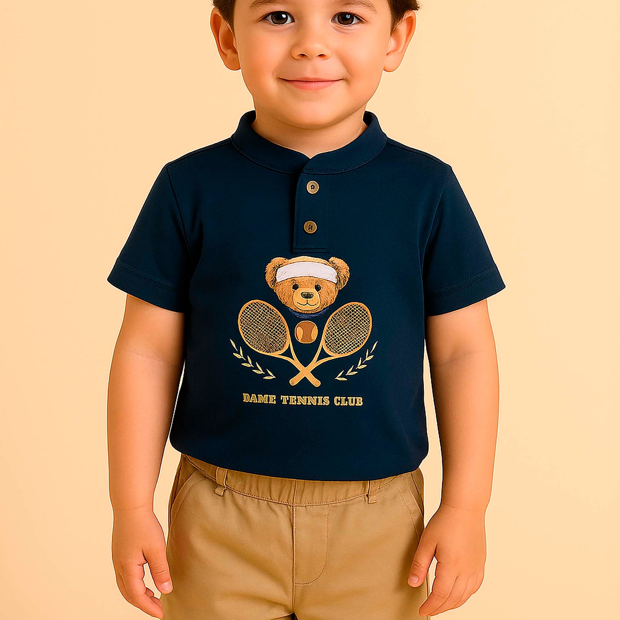 Camiseta Gola Padre Manga Curta Urso Teddy Tênis Azul Marinho Piqué — foto 1