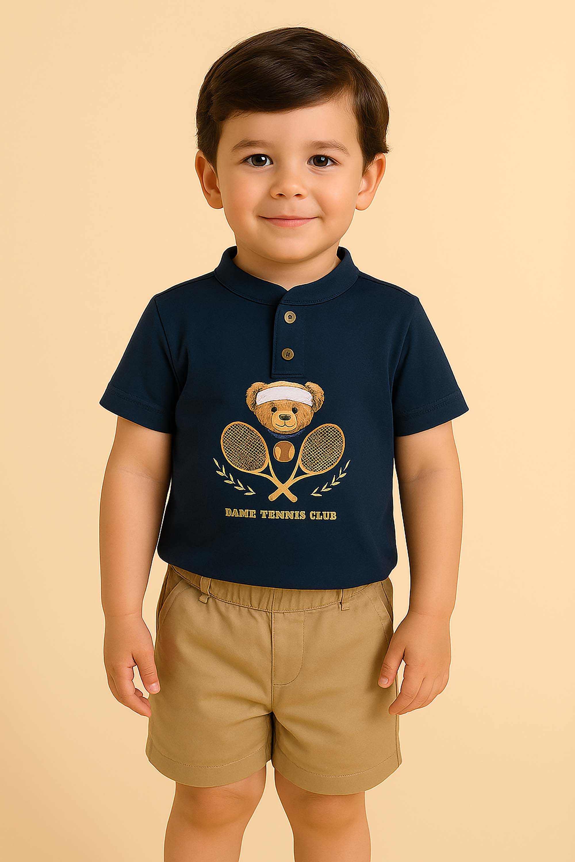 Camiseta Gola Padre Manga Curta Urso Teddy Tênis Azul Marinho Piqué — foto 1