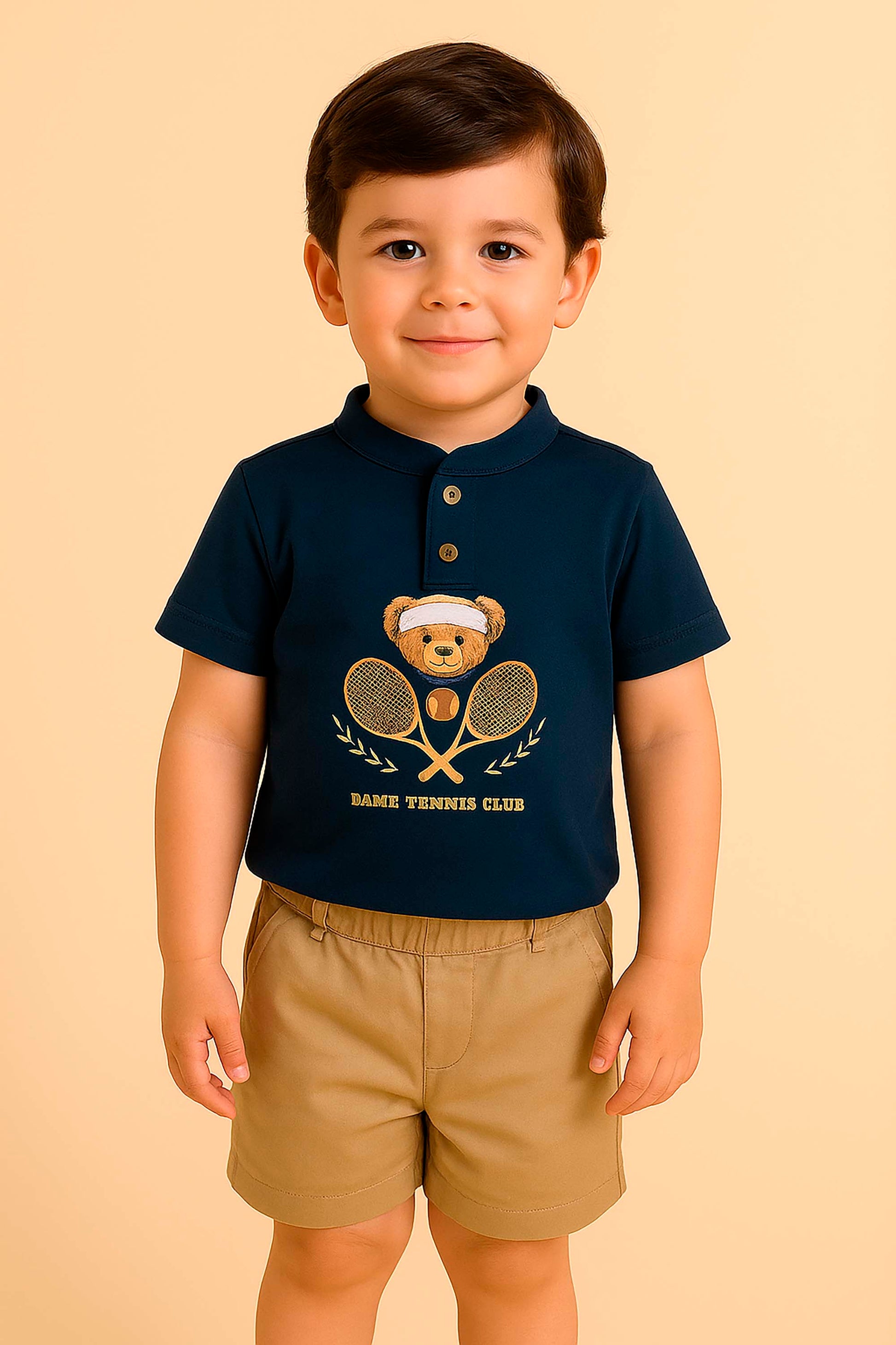 Camiseta Gola Padre Manga Curta Urso Teddy Tênis Azul Marinho Piqué — foto 1