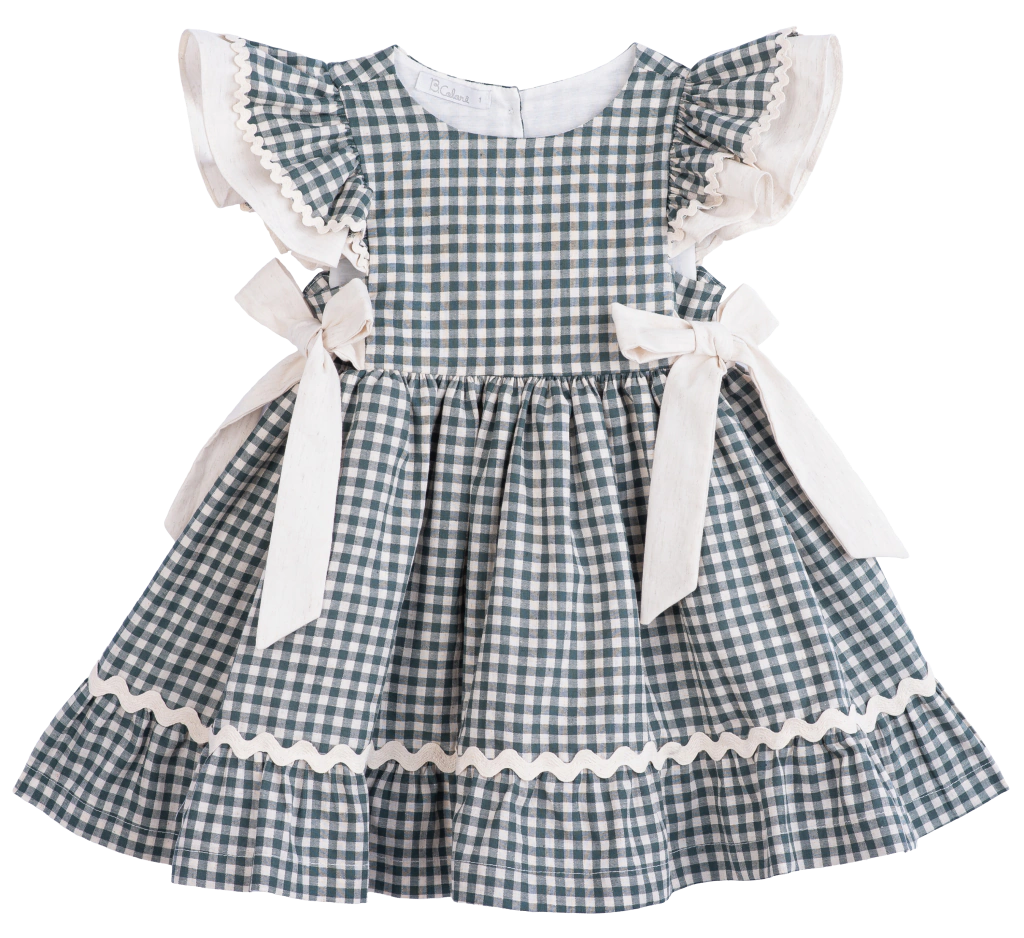 Vestido Infantil Linho Xadrez Vichy Verde com Babados