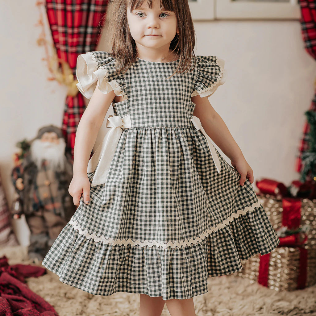 Vestido Infantil Linho Xadrez Vichy Verde com Babados