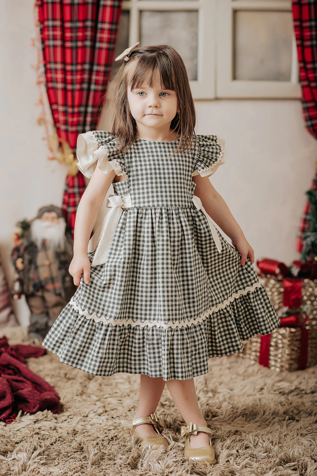Vestido Infantil Linho Xadrez Vichy Verde com Babados