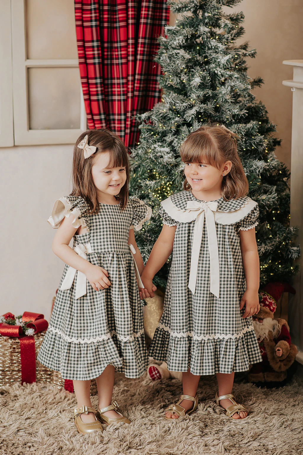 Vestido Infantil Linho Xadrez Vichy Verde com Babados