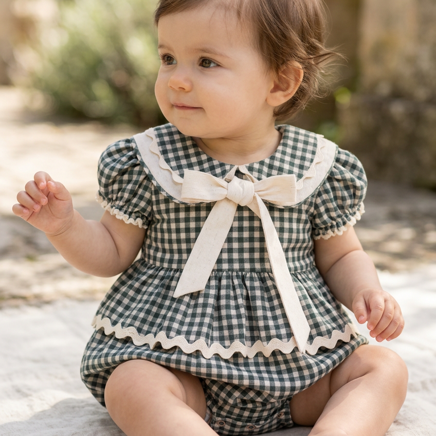 Romper Bebê Linho Xadrez Vichy Verde Maxi Gola e Laço