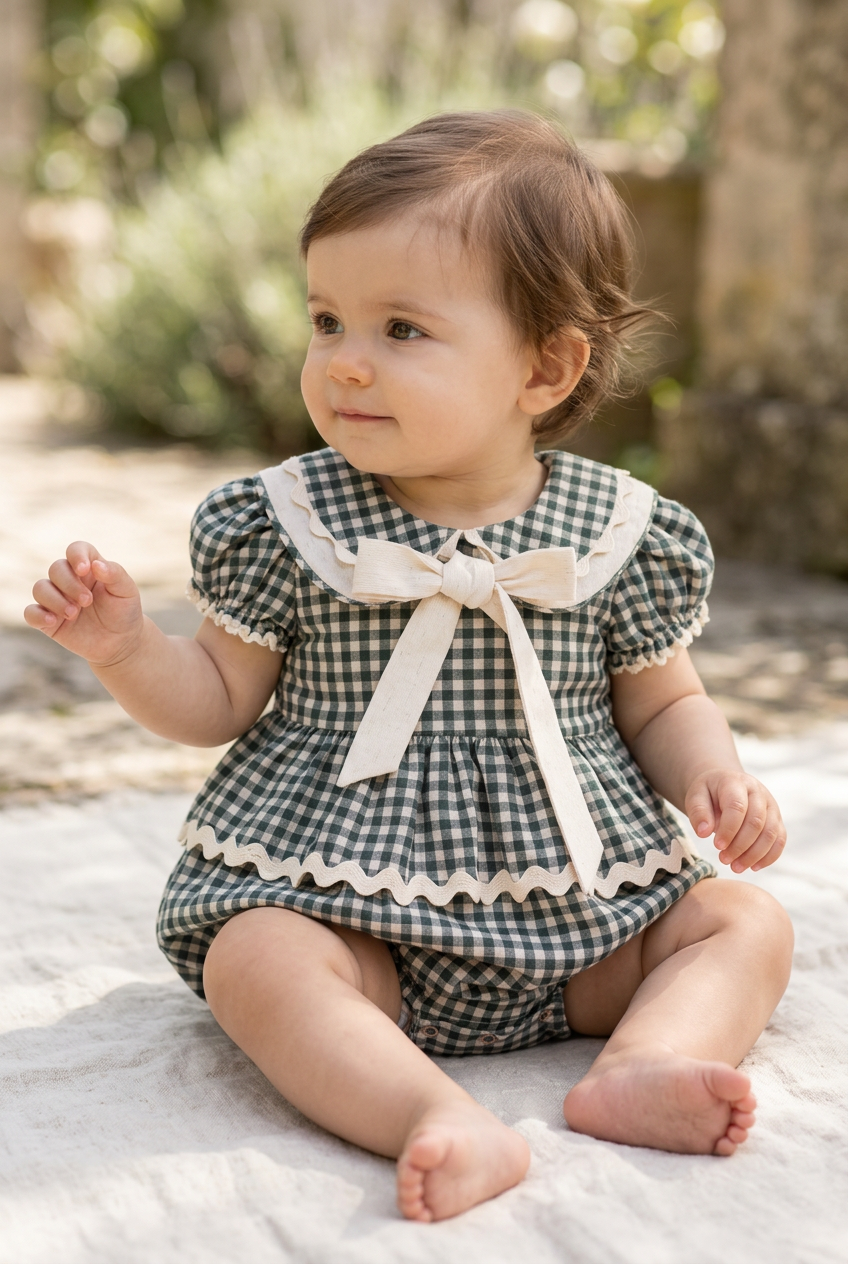 Romper Bebê Linho Xadrez Vichy Verde Maxi Gola e Laço