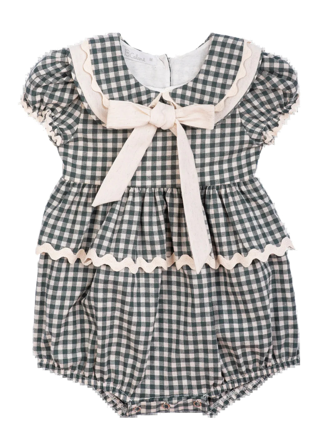 Romper Bebê Linho Xadrez Vichy Verde Maxi Gola e Laço