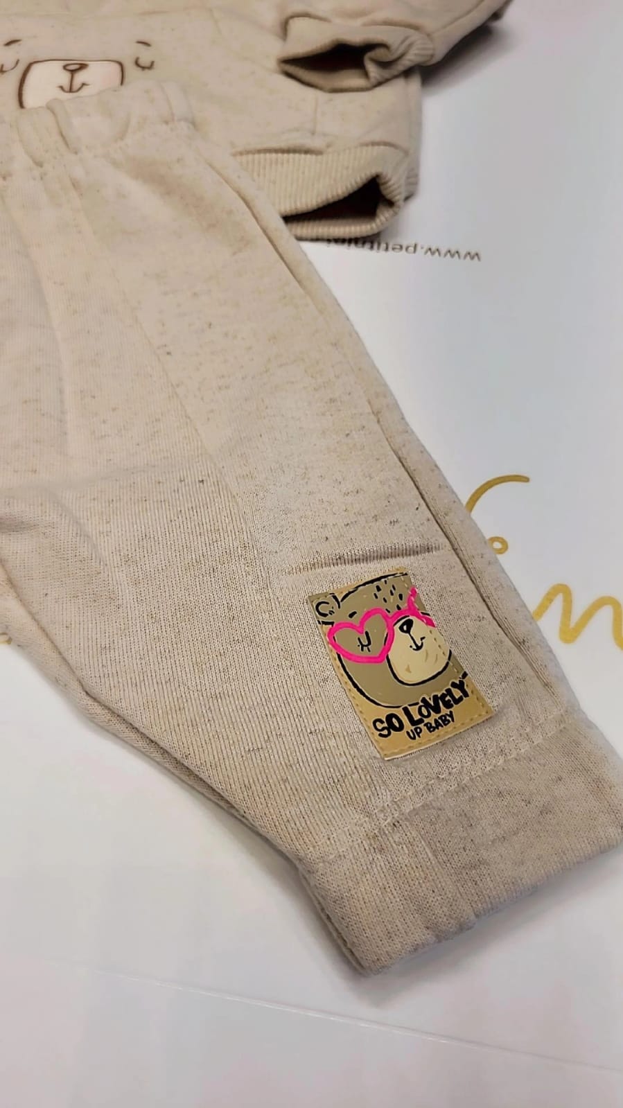 Conjunto Infantil em Moletom Bege com Bordado de Ursinho Fofo e Bolso
