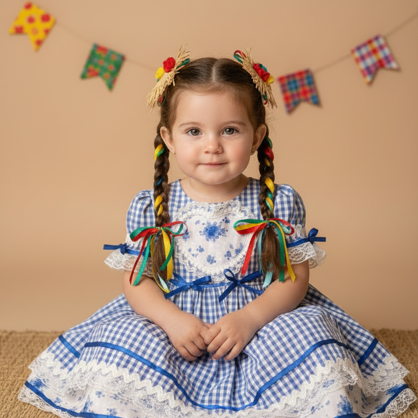 Vestido Junino para Bebê Xadrez Azul Isabela — foto 1