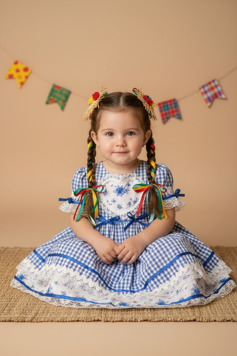 Vestido Junino para Bebê Xadrez Azul Isabela — foto 1