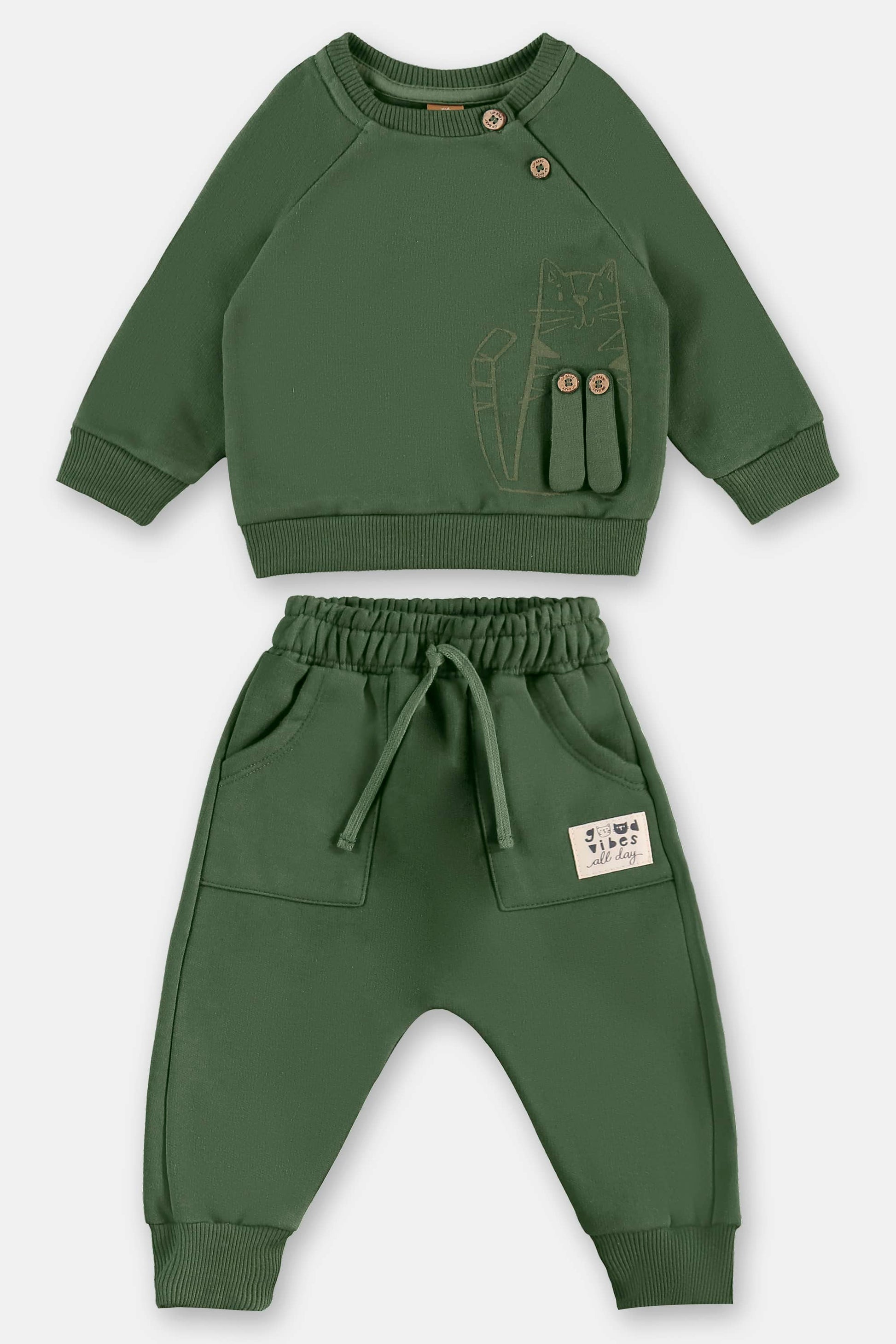 Conjunto de Moletom Infantil Blusão e Calça Verde Estampa Gato para Meninos — foto 2