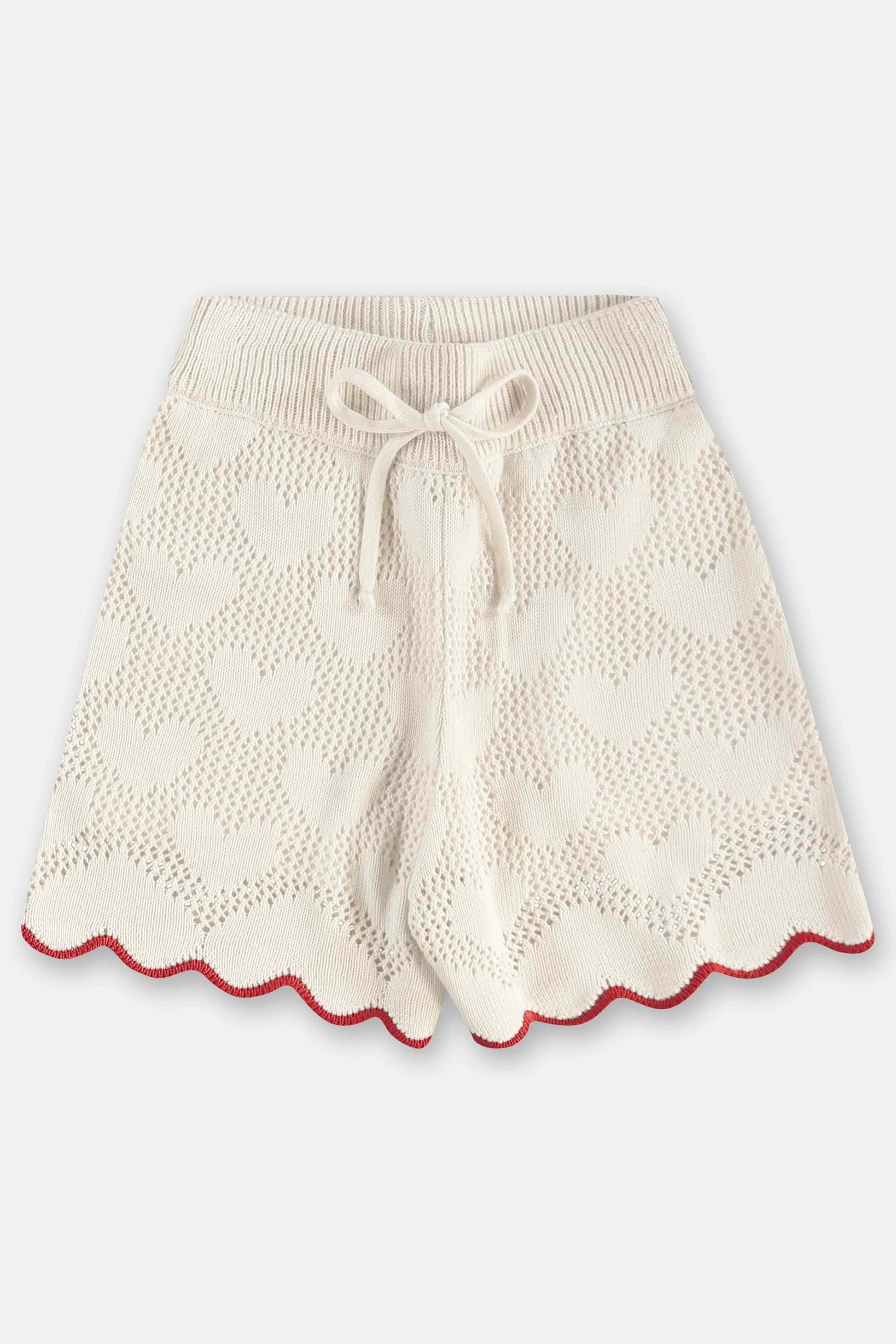 Conjunto Menina Blusa e Shorts em Tricô Bege com Detalhe Vermelho