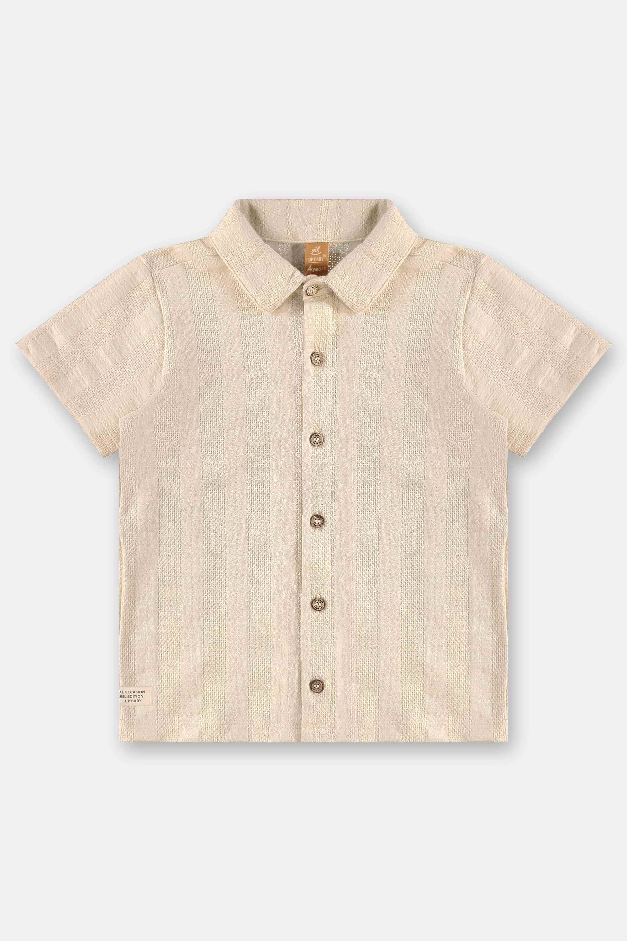 Camisa Infantil Menino Manga Curta Malha Tricô Bege — foto 2