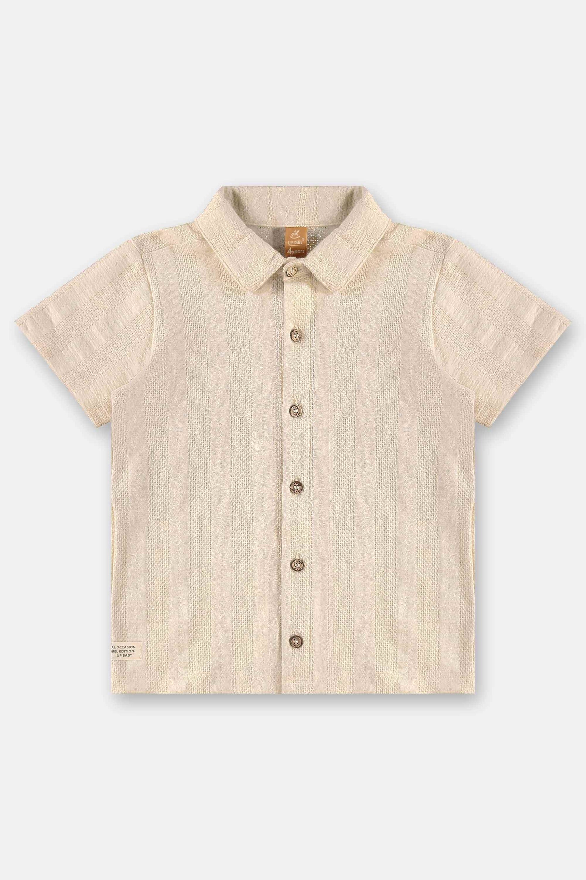 Camisa Infantil Menino Manga Curta Malha Tricô Bege — foto 2