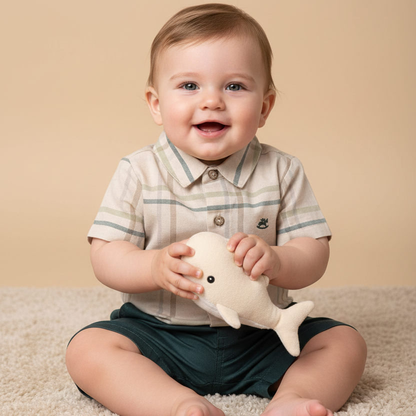Conjunto Bebê Menino com Camisa Xadrez e Bermuda Sarja