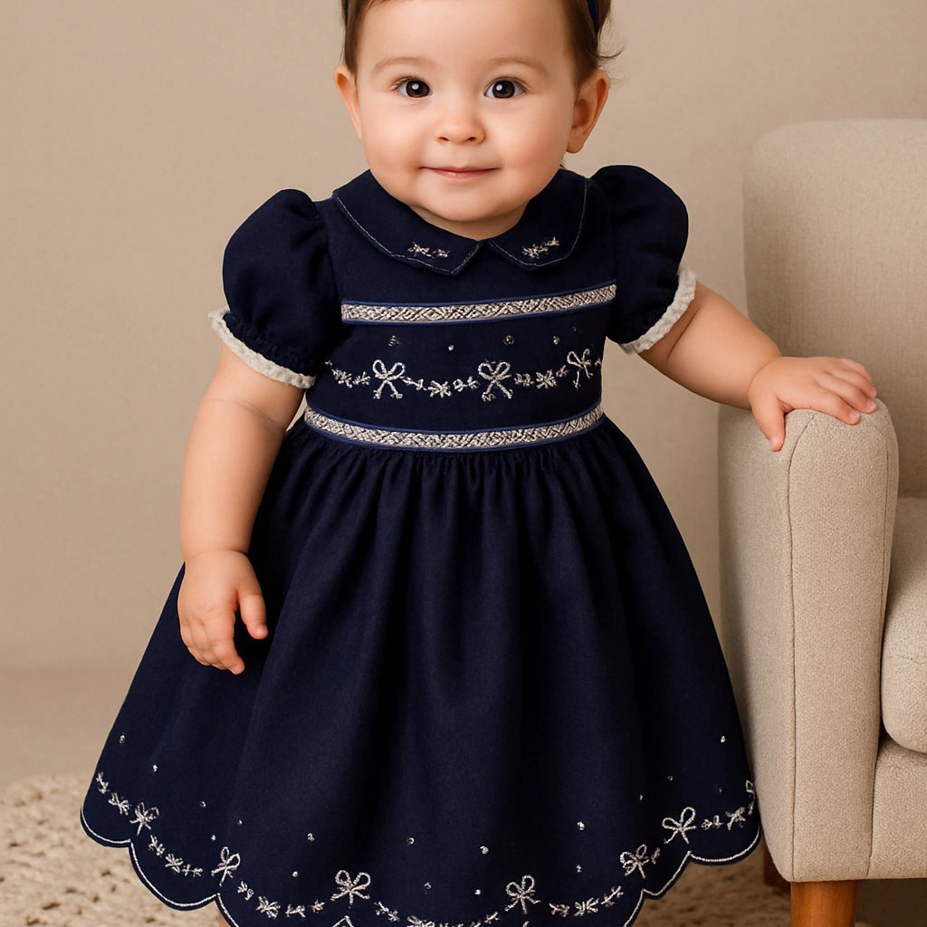 Vestido Infantil em Linho Bordado Festone Azul Marinho — foto 1