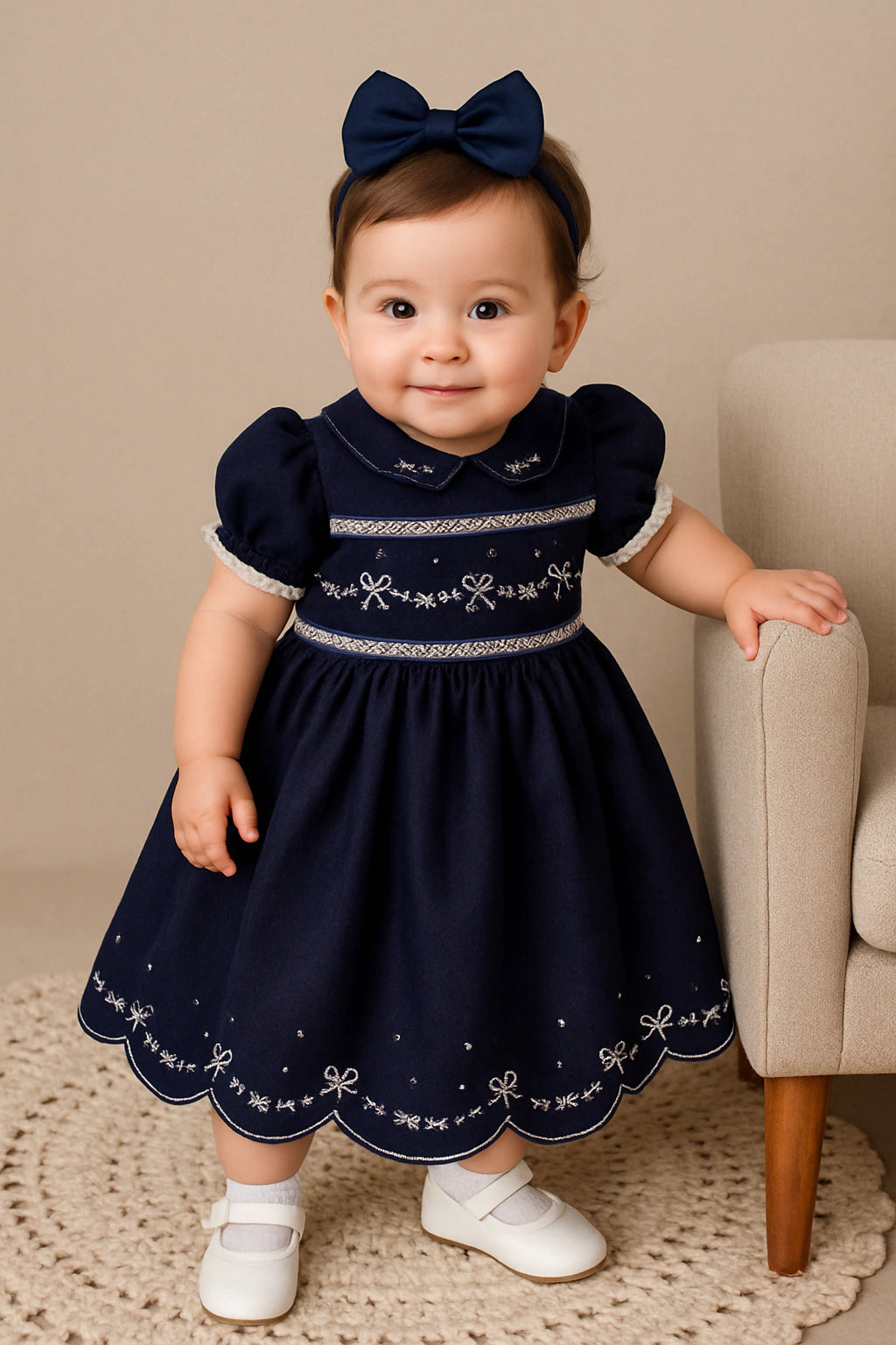 Vestido Infantil em Linho Bordado Festone Azul Marinho — foto 1