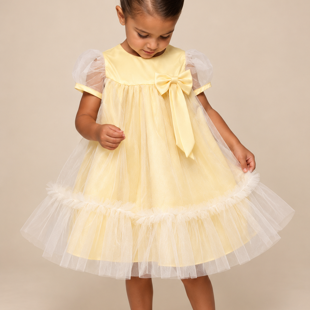 Vestido de Festa Infantil Trapézio Tule Amarelo