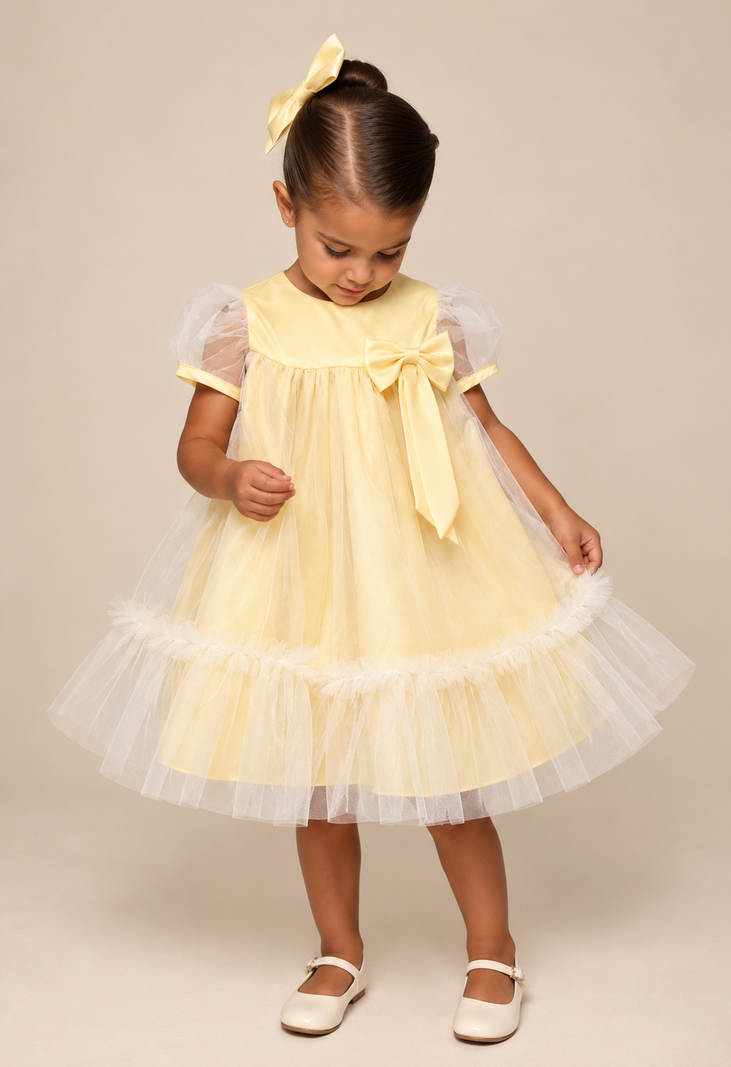 Vestido de Festa Infantil Trapézio Tule Amarelo